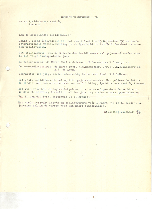 brief 1955 inzending Sonsbeek (brief)