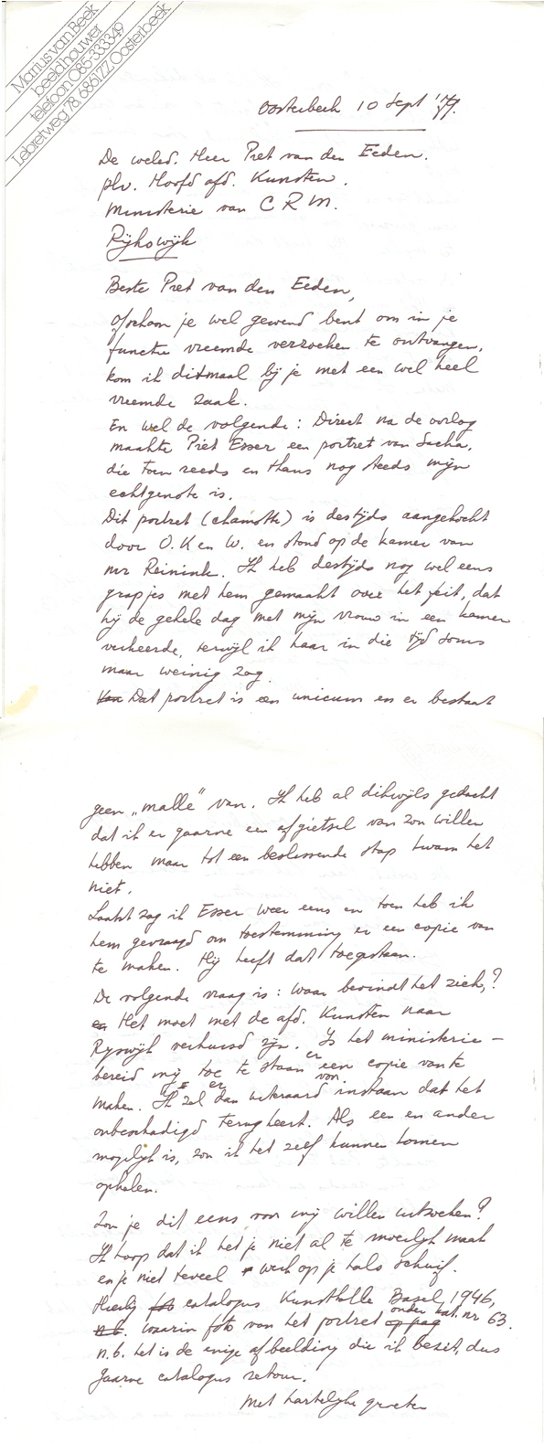 Brief van Marius van Beek over  Kop Sacha van Piet Esser (brief)